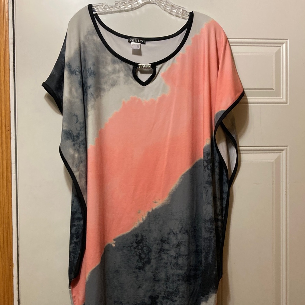 VENUS Coral and Charcoal Ombre Tunic with Black Trim XL